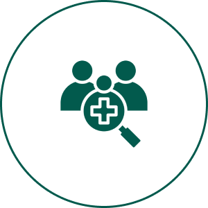 Healthcare magnifying glass over group icon.