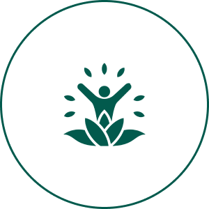 Person growing from leaves, circular design.